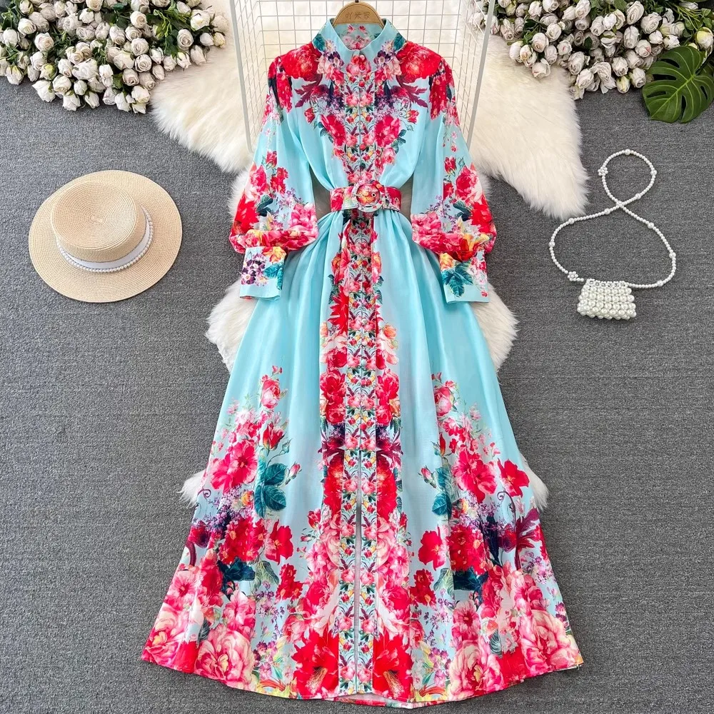 

Holitay Sytle 2024 New Spring Fashion 3 Color Maxi Dress Women Print Beach Holiday Vintage Single Breasted Belt Party Vestidos