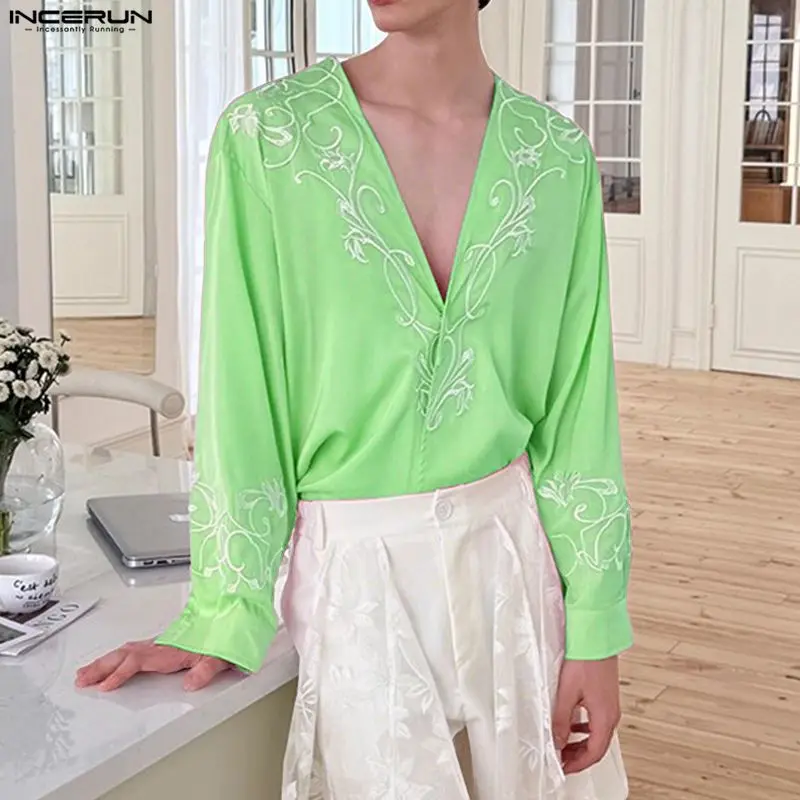 INCERUN الرجال قميص وصمة عار العميق الخامس الرقبة طويلة الأكمام التطريز ملابس الرجال غير رسمية الشارع الشهير فضفاض موضة الذكور القمصان Camisa S-5XL