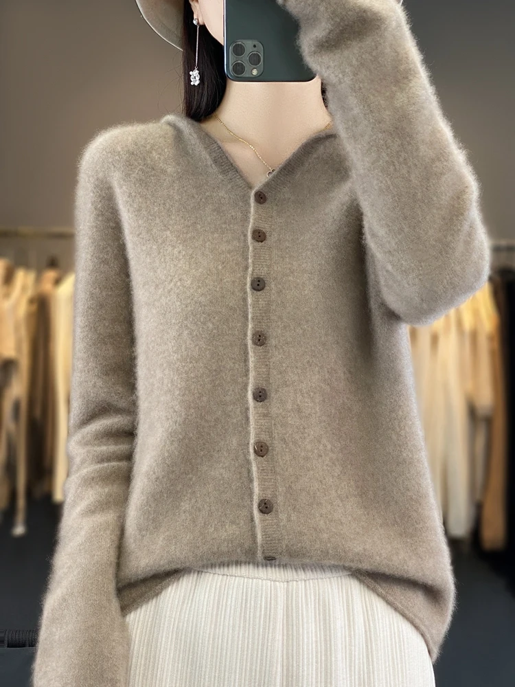 Addonee-Pull à capuche 2024 laine mérinos pour femme, cardigan en cachemire, sweats à capuche en tricot, vêtements de qualité basique, printemps,