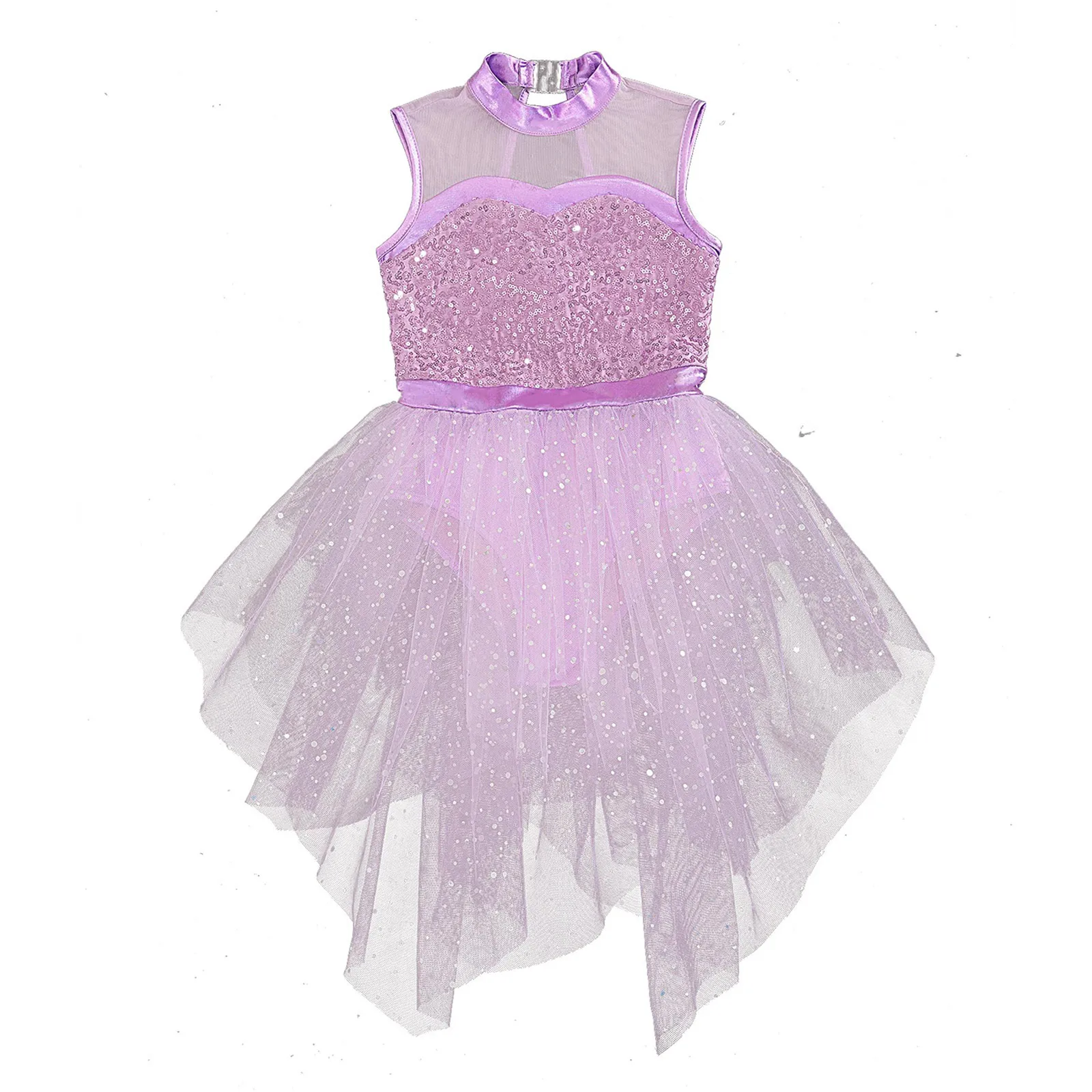 Kids Girls Sparkly Sequin Sleeveless Ballet Gymnastic Dance Dress Asymmetrical Tulle Skirt Leotard Ballerina Costume Dancewear