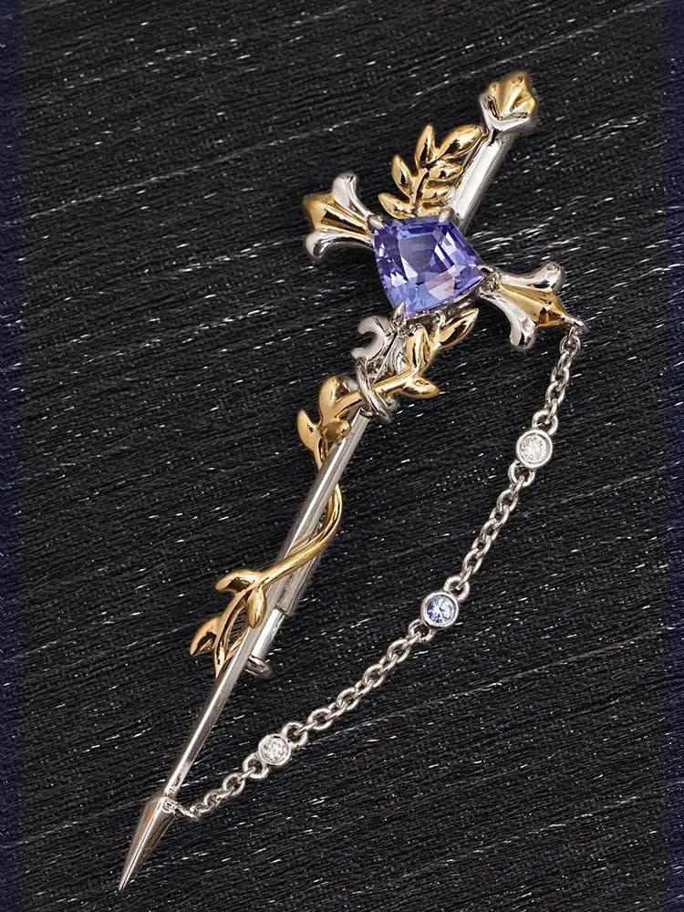 Ear of wheat and sword shaped cut blue purple tanzang brooch China-Chic color treasure soft chain retro niche design