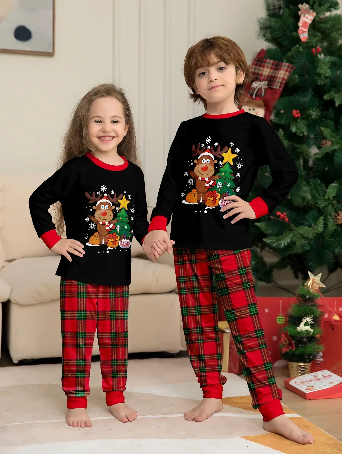 2025 Christmas Cartoon Plaid Print Kids Pajamas Set Xmas Look Cute Soft 2 Pieces Suit Lounge-wear Baby Boys Girls Clothing Sets