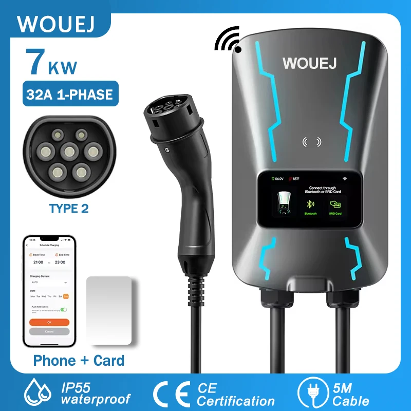 WOUEJ EV Charging Station Type 2 7KW 32A 1 Phase  Electric Vehicle Car Charger Wallbox with LCD Screen APP Control RFID Card