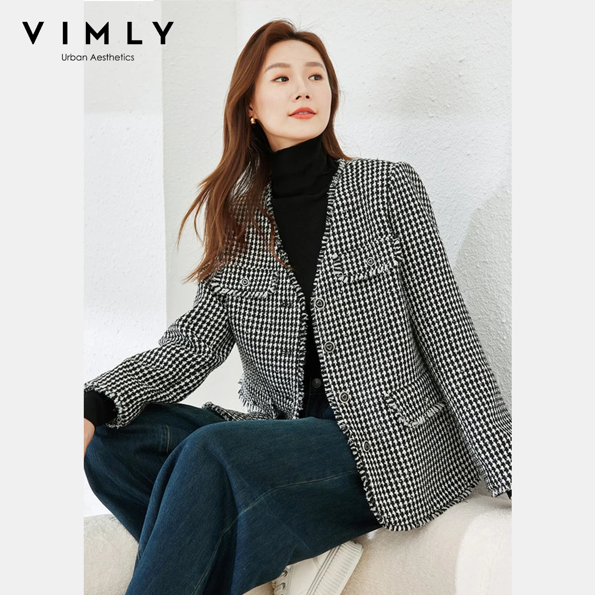 

Vimly Tweed Jacket for Woman 2025 Autumn V-Neck Single Breasted Long Sleeves Plaid Outerwear Classic Elegant Style Top M2798