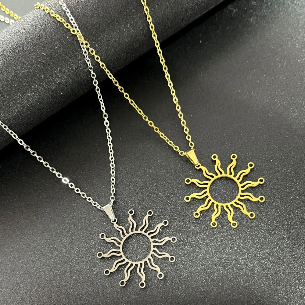 Stainless Steel Korean Fashion Popular Style Temperament Sun Shape Gold Plated Solar Pendant Boho Chain Necklace Jewelry Gift