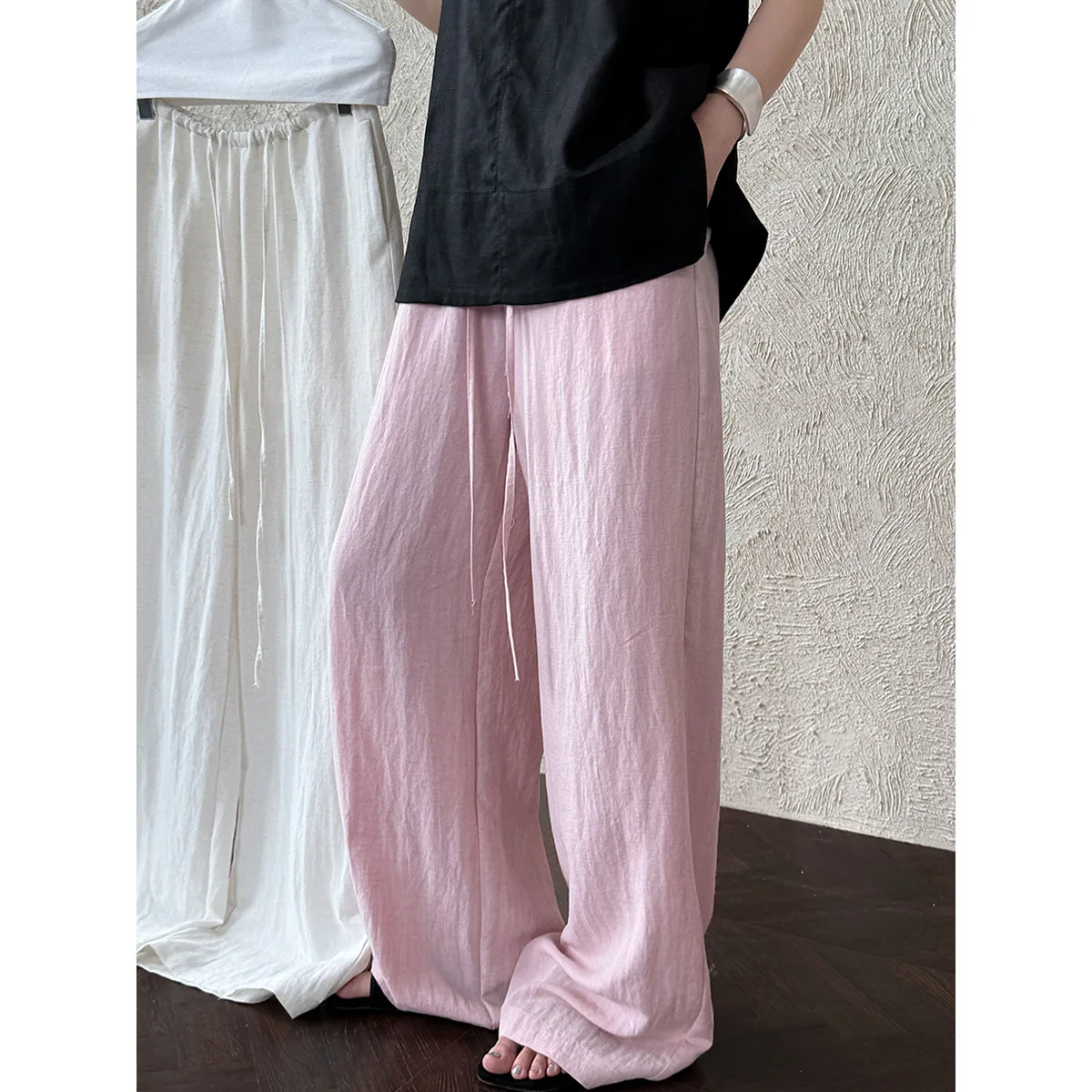 

Tencel linen elastic waistband loose feeling wide leg pants for women, summer lightweight and cool casual pants