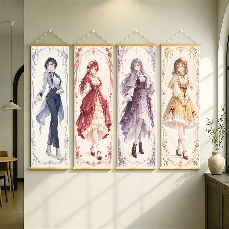 Anime Women in a Blue Suit and Red, Violet and Gold Dresses Hanging Scroll with Ornate Floral Borders for a Quiet Bedroom