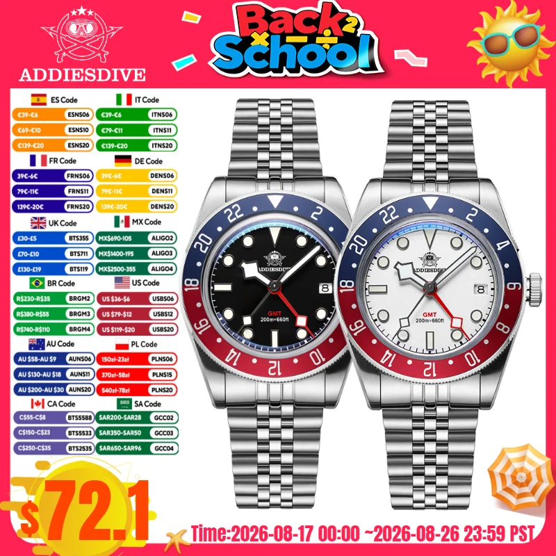 ADDIESDIVE AD2044 Herren-Quarzuhren Schweizer Ronda 515-24H BGW9 Super Luminous 20Bar Taucher-GMT-Uhr für Männer