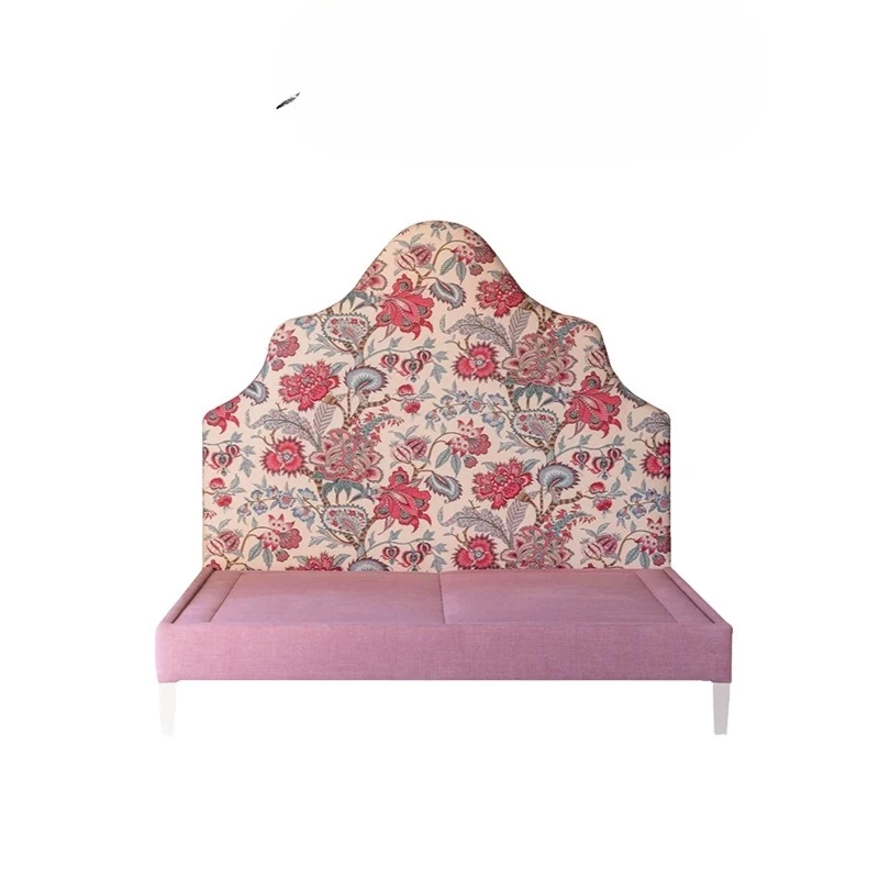 Pink printed double bed/retro solid wood princess bed/master bedroom bed