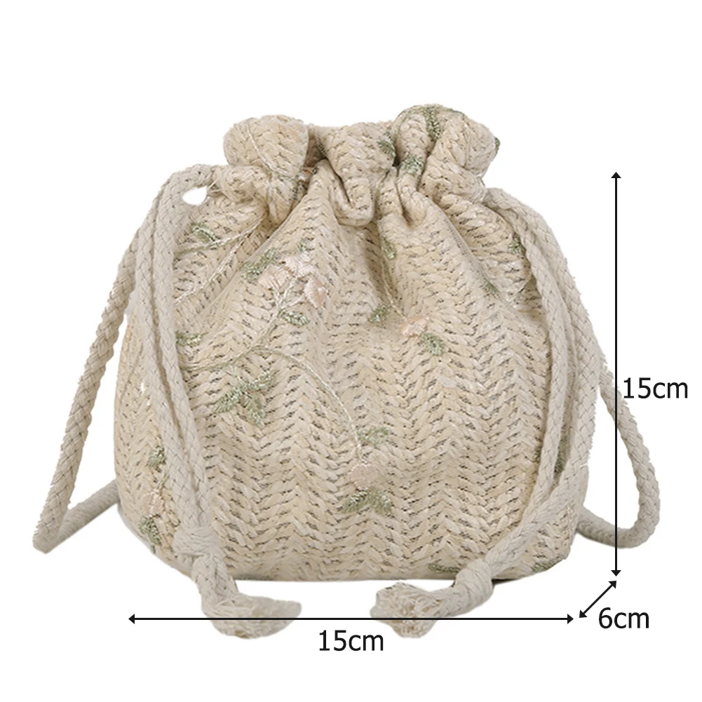 Summer Woven Drawstring Bag 2024 Ladies Straw Weaving Small Crossbody Bag Lace Flower Embroidery Satchel Women Beach Sling Purse