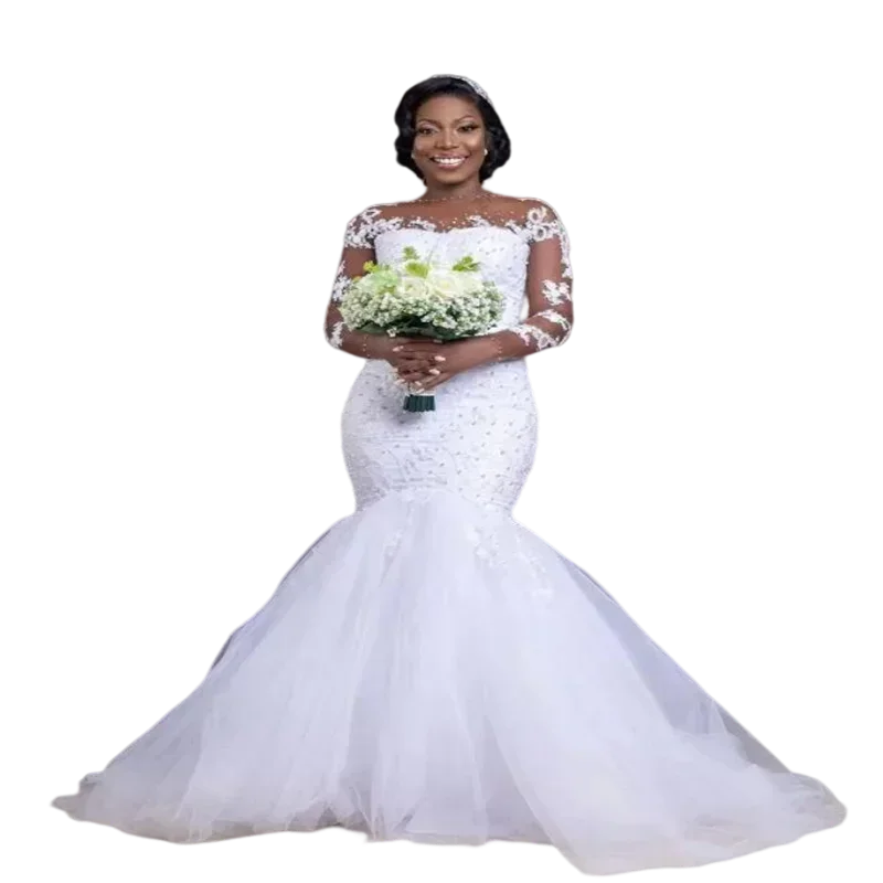 Robes de mariée sirène africaines personnalisées, grande taille, manches longues, avec des Appliques en dentelle et des perles de cristal, dos creux