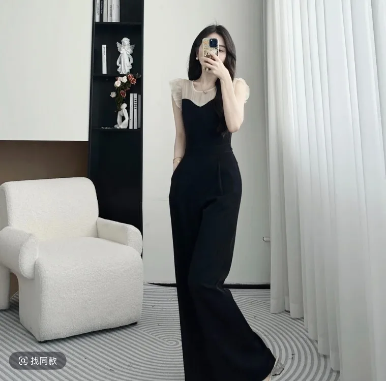 Nuevo Mono de gama alta de verano para mujer, elegante retales, cintura delgada, volantes, sin mangas, Color contrastante, pantalones de pierna ancha, peleles