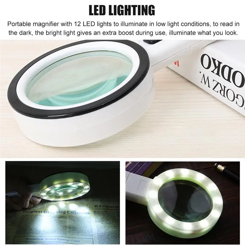 Portable 10X Illuminated Magnifier Handheld 12 LED Lighted Jewelry Magnifying Glass For Seniors Reading Jewelry Watch Repair