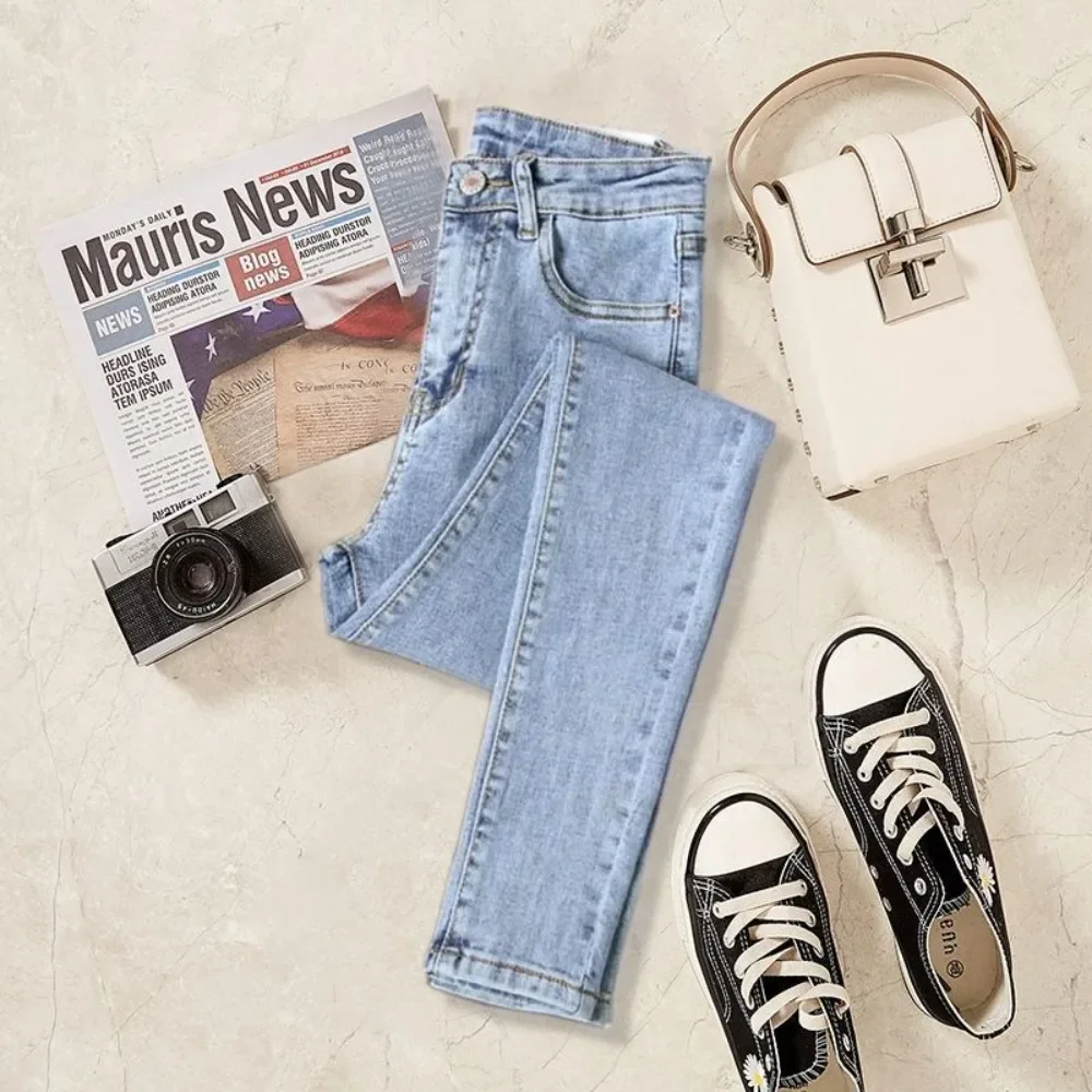 

Джинсы с высокой талией, женские осенние новые узкие узкие брюки, весенние повседневные джинсовые брюки для девочек, черные женские модные эластичные джинсы-карандаш