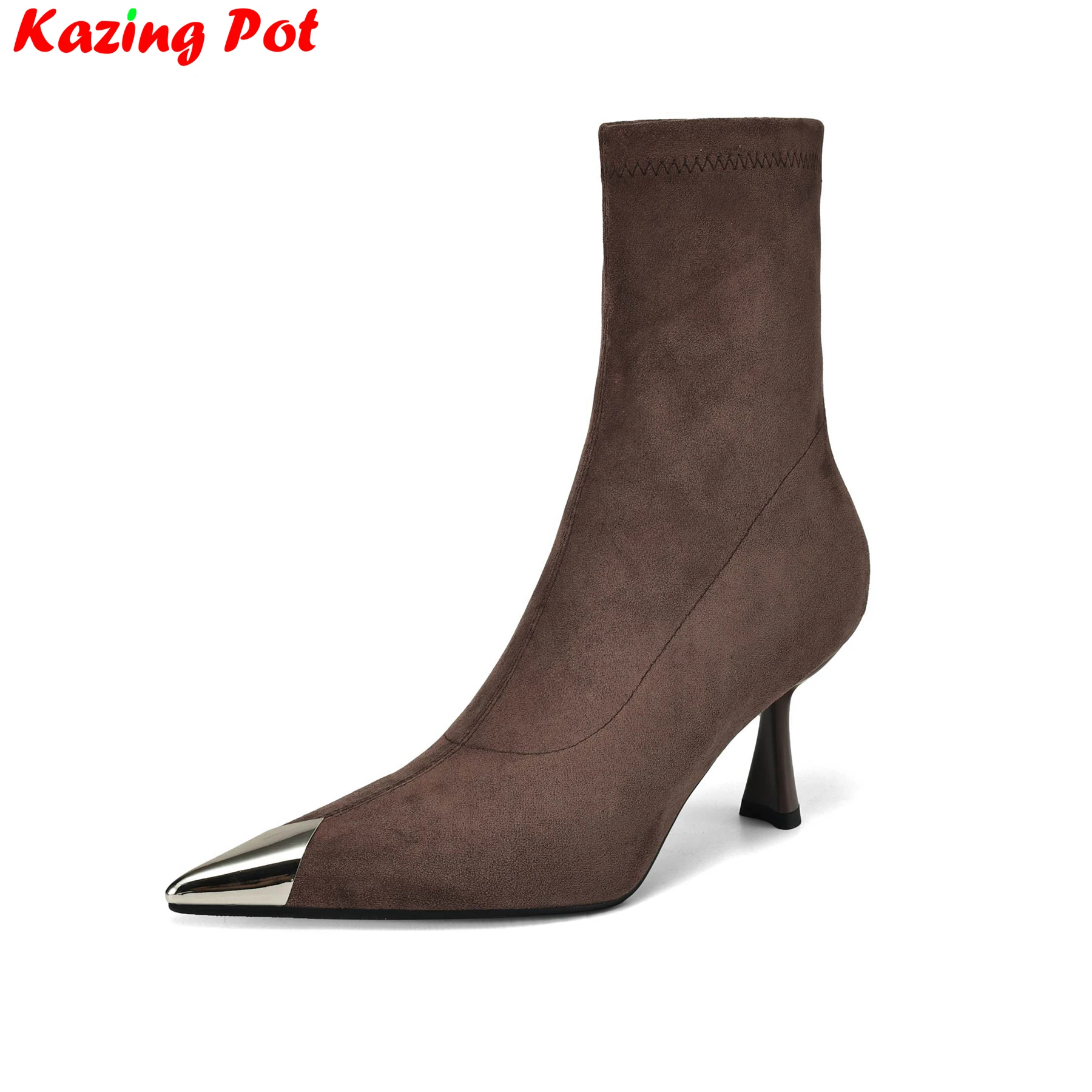 Krazing Pot Flock Stiletto High Heels Pointed Toe Modern Stretch Boots Winter Warm Shoes Vacation Gifts Dress Women Ankle Boots