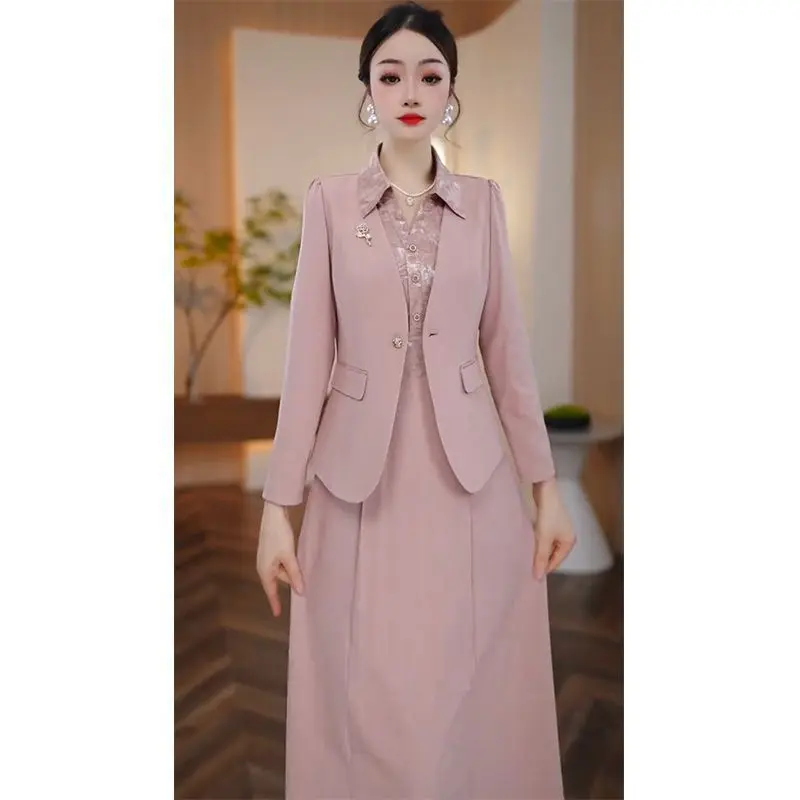 Advanced autumn new set 2025 noble slim fit jacket +lapel print temperament dress elegant two-piece set for women