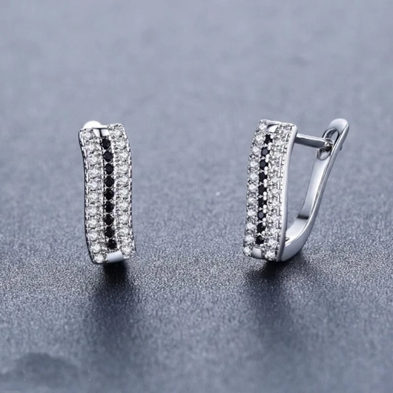 Black Awn Classic Silver Color Round Black Trendy Spinel Engagement Hoop Earrings for Women Jewelry Bijoux I308