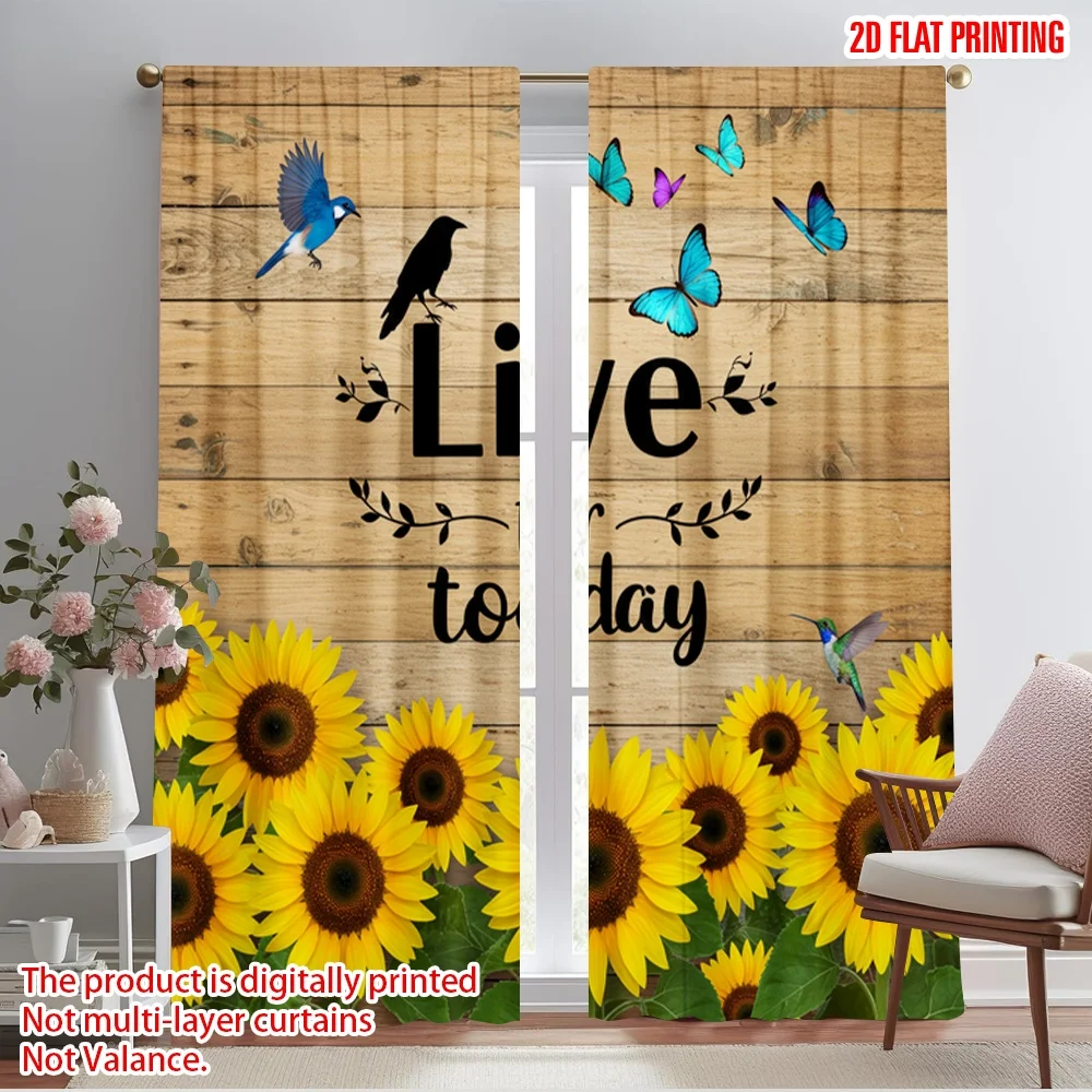

2pcs 2D flat printing Window Treatment Curtains Live For Today Sunflowers Butterflies Fabric Without Electricity Birthday Party