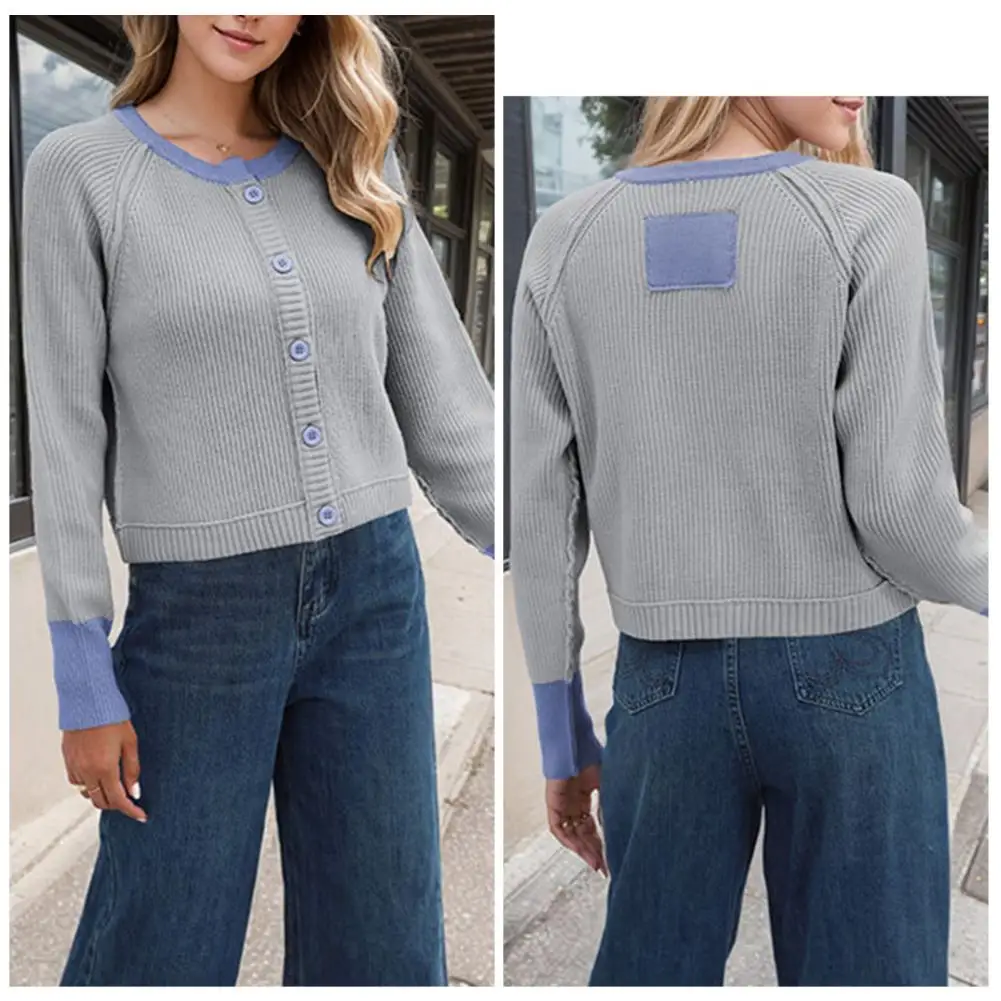 Cárdigan de punto cómodo para mujer, suéter acanalado elegante, abrigo, cárdigan de bloque de Color para mujer, Chaqueta de punto con botones para A