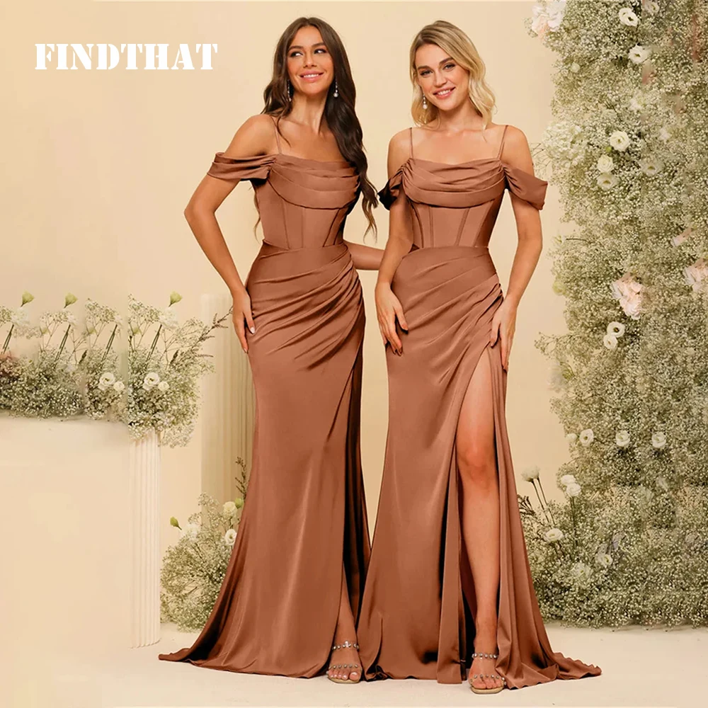 

Findthat Off Shoulder Spaghetti Straps Silk Satin Sheath Bridesmaid Dress Elegant Zipper Back Evening Gown Wedding Guests Dress