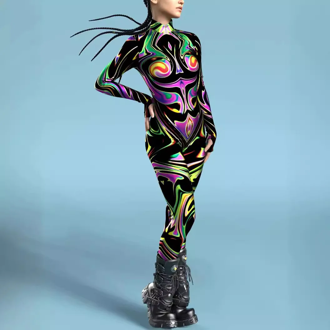 

Multicolour Printing Holiday Party Women Rainbow Sexy Skinny Jumpsuit Wear Onesie Cosplay Costume Elastic Bodysuits Rompers