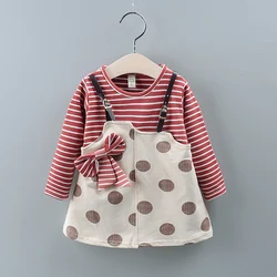 Spring And Autumn Girls' Baby Long Sleeve Dress Bow Fake Two Piece Infant Dress Casual Warm Girl Children'S Clothing (0-2 Years）