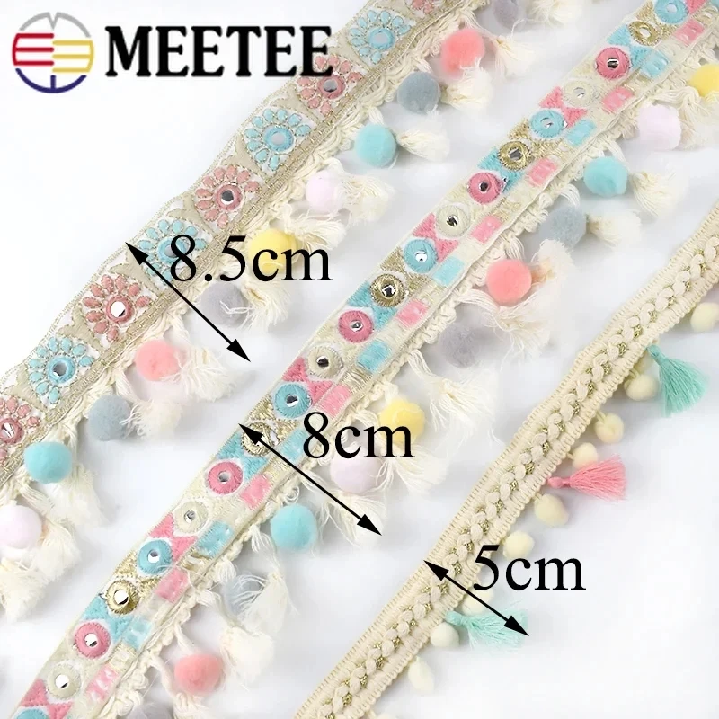 1/3Meter Meetee Ethnic Embroidered Jacquard Tassel Hairball Lace Ribbon Trim DIY Craft Hometextile Cloth Decoration Accessories