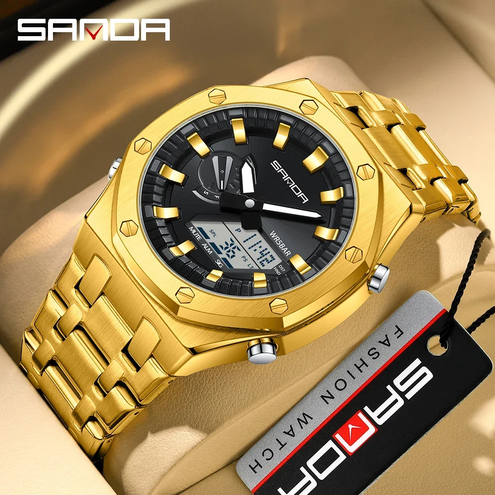 

2024 Sanda Men's Watch Hot selling Steel Band Hand Light Trend Cool Men's Alarm Clock Multi functional Electronic Watch 3357