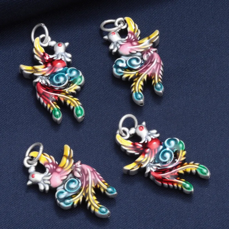 100% 999 Silver Enamel Peacock Pendant for Women Charms for Bracelet Retro 3D Colorful Bird DIY Material Jewelry Making DZ019
