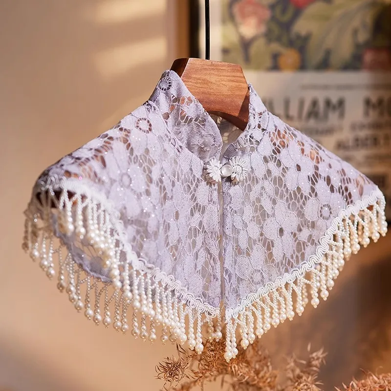 

Women's Spring Autumn Vintage Pearl Tassel Lace Pashmina Female Shawl Cloak Collar R754