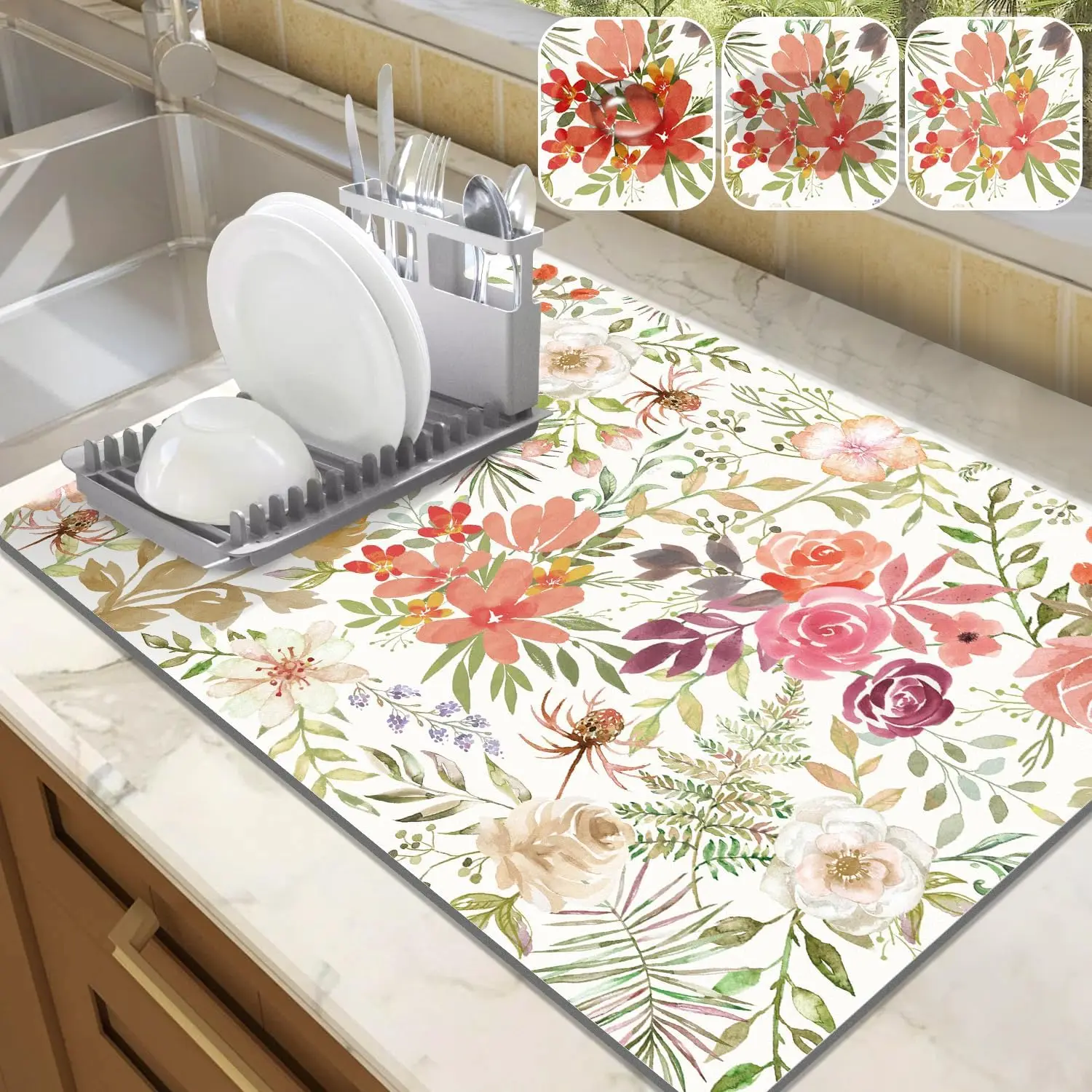 Estera de secado de platos súper absorbente con flores de acuarela para vajilla de cocina, tapete para platos, mantel individual antideslizante