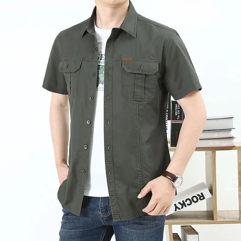 Summer Boyfriend Men's Clothing Solid Color Button Pockets Short Sleeve Cardigan Shirt Casual Trendy Turn-down Collar Tops