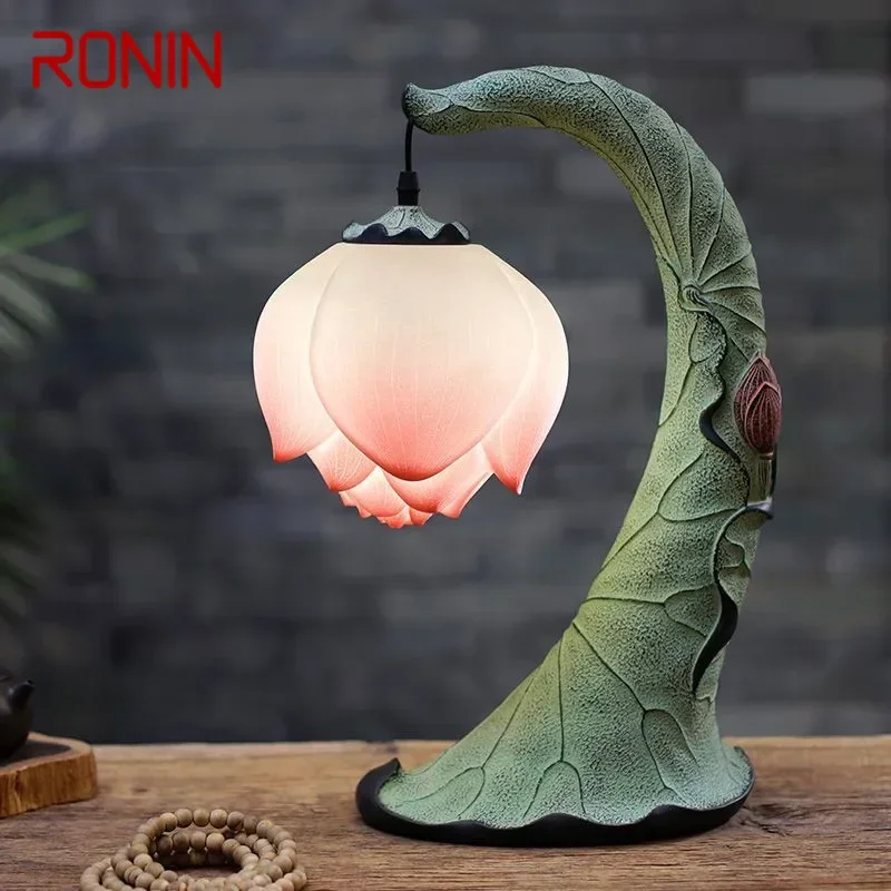 RONIN Contemporary Lotus Table Lamp Chinese Retro Living Room Bedroom Study Tea Room Villa Hotel  Art Decorative Desk Light