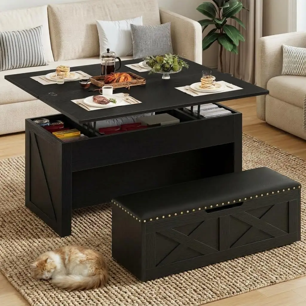 Lift Top Coffee Table with Storage Bench, 4-in-1 Convertible Design, Black