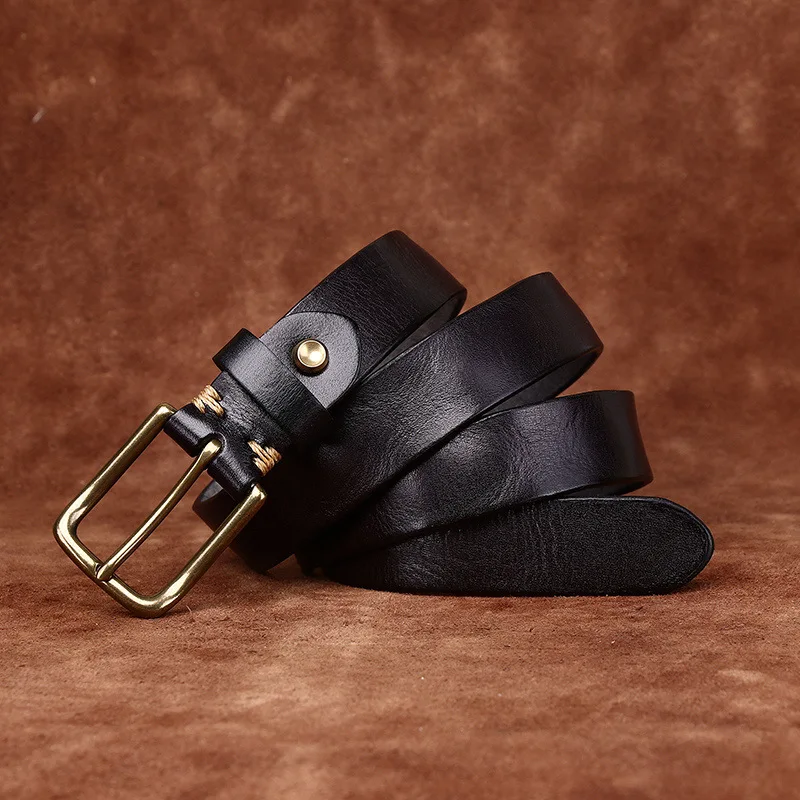 Washed retro distressed wrinkled top layer cowhide belt women's genuine leather copper buckle trendy casual jeans belt