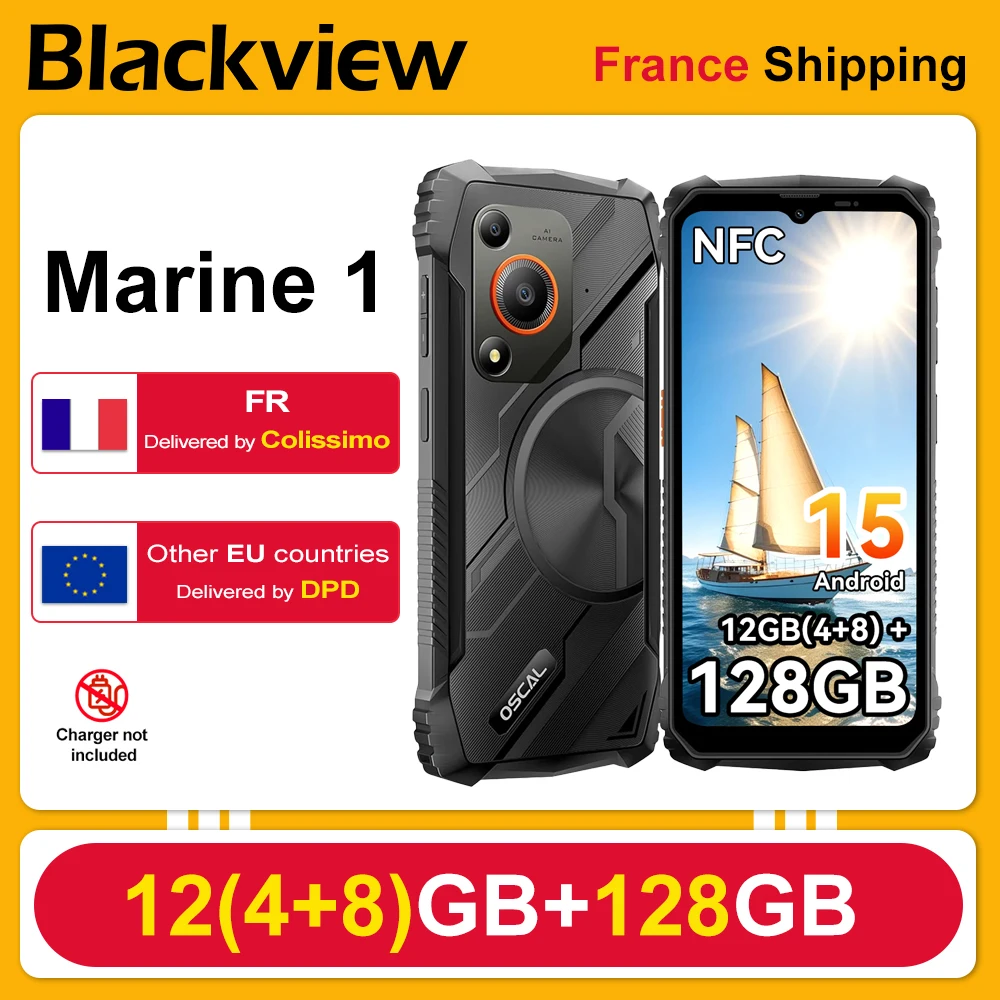 OSCAL Marine 1 [pas de chargeur UE] 12 Go(4 + 8) + 128 Go Smartphone robuste Android 15 8MP + 16MP 6,56 ''IPS 5100 mAh Téléphone portable