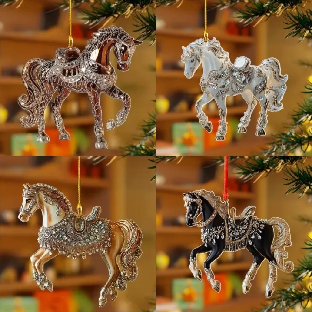 

2D Acrylic Horse Car Rearview Mirror Pendant Charm Christmas Tree Ornament Party New Year Hanging Decoration
