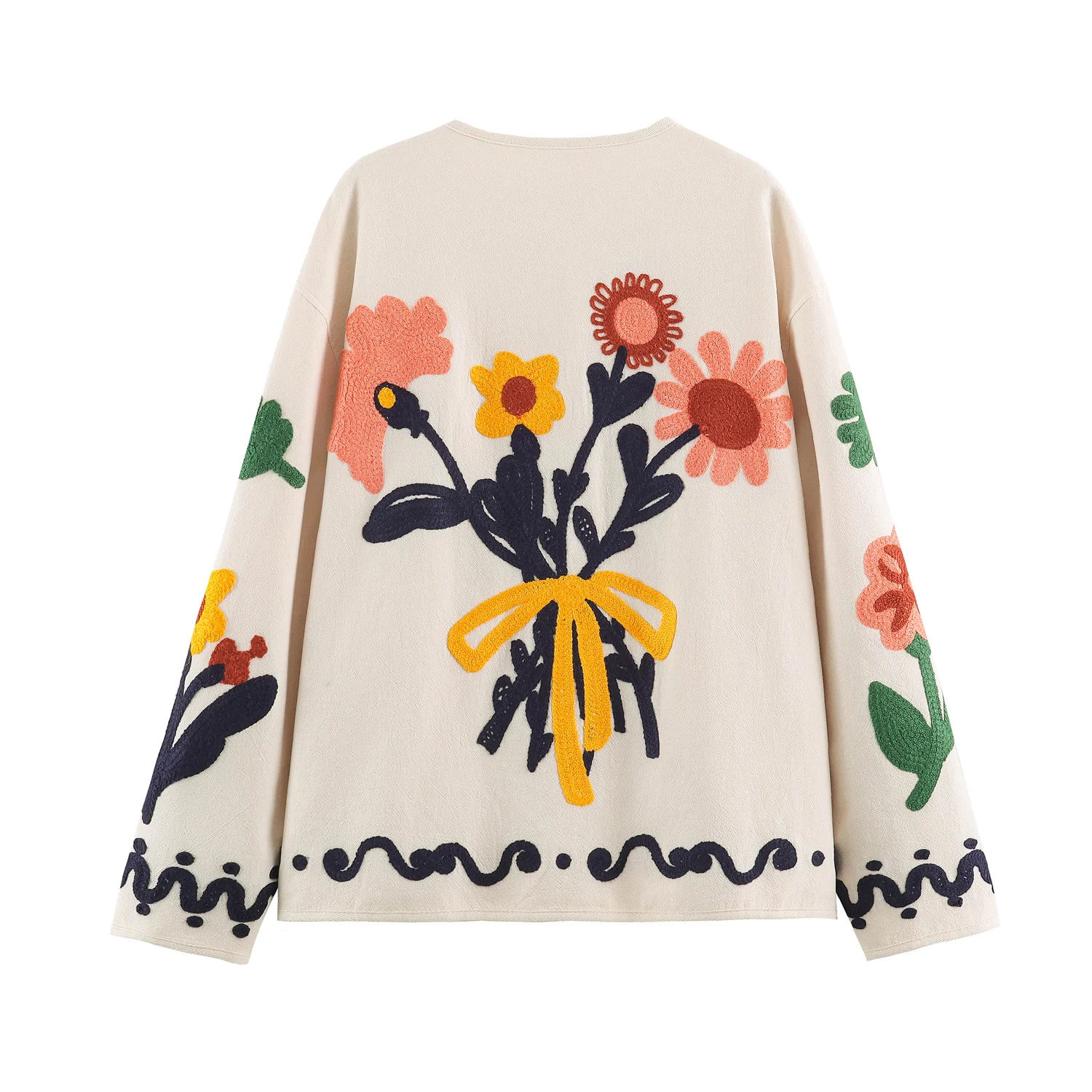 2026 Autumn Women's Elegant Boho Floral Embroidery Cardigan Coats Lady Vintage Linen O-neck Loose Patch Pocket Jacket Streetwear