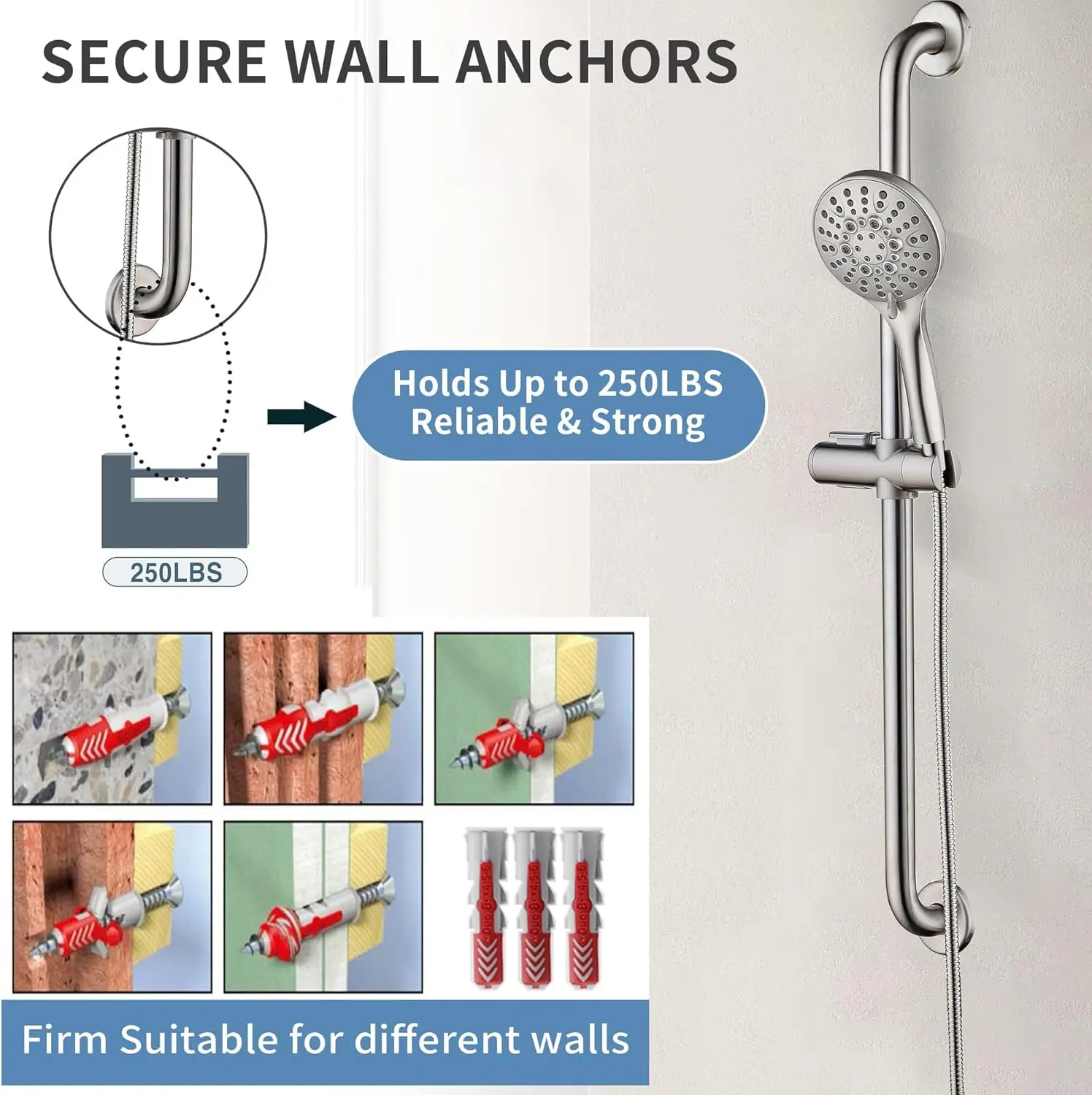 Conjunto de chuveiro ajustável com cabeça de mão, barra de apoio de aço inoxidável, mangueira de 69 polegadas em níquel escovado