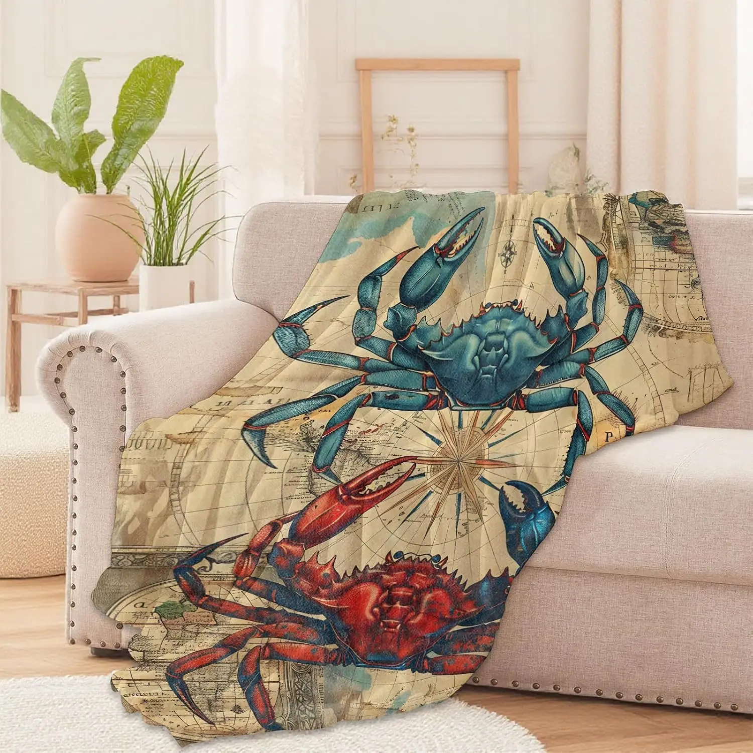 Giant Crab Vintage Nautical Map Blanket Throw Ocean Life Artwork Coastal Decor Cozy Bedspread Luxury 150x200cm