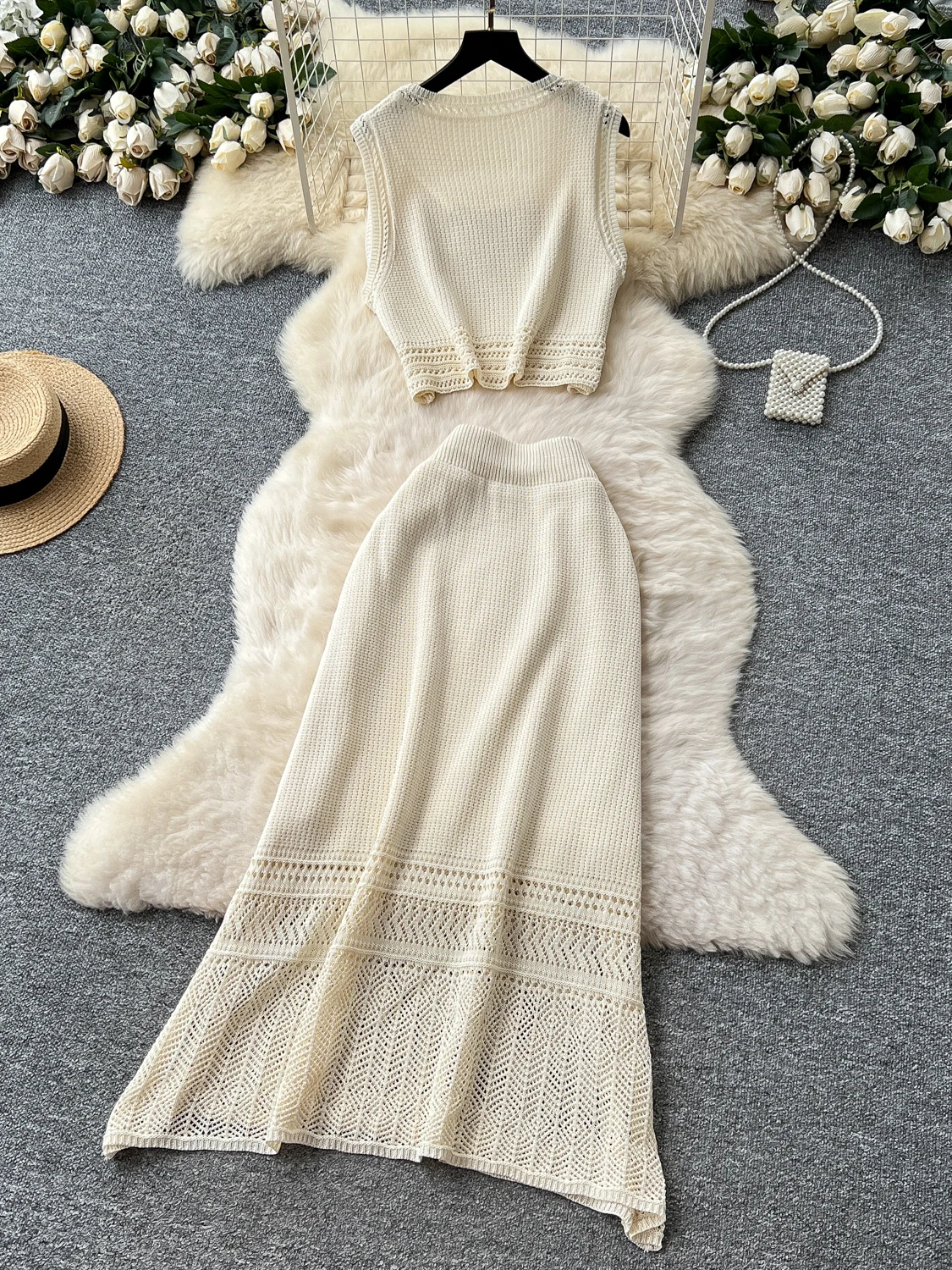 

Summer Casual Korean Sle Women's Soft Square Collar Svel ort Knitted Vest High Waist Skirt Faion Set