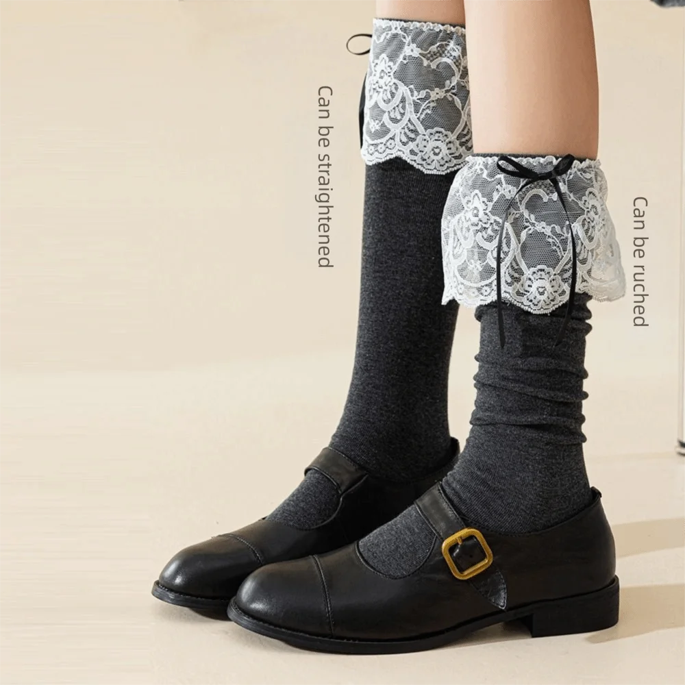 

Fashion Lace Ruffle Long Socks Ribbon Bow Kawaii Stockings College Style Warm Socks Women
