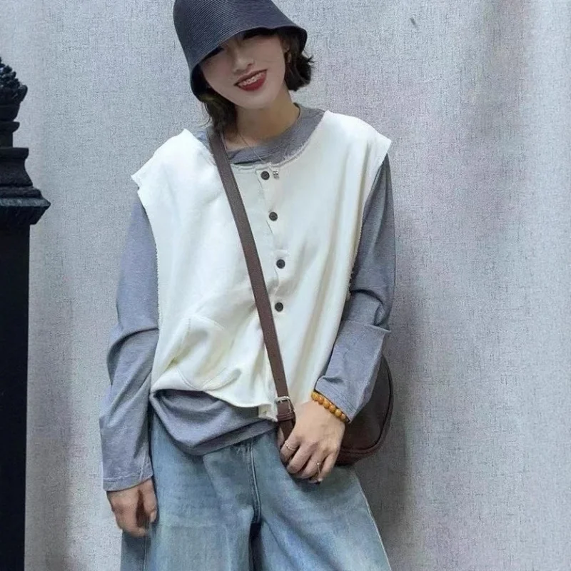 

Повседневный универсальный вязаный жилет с потертостями и круглым вырезом для женщин, новый свободный осенний кардиган, жилет для верхней одежды