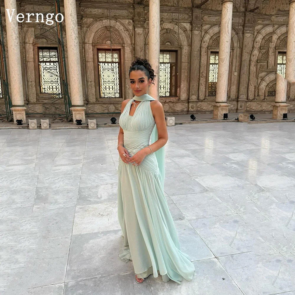 

Verngo Green Chiffon Evening Dress Halter Pleat Prom Party Gowns Women Elegant Arabic Formal Occasion Dress Customized