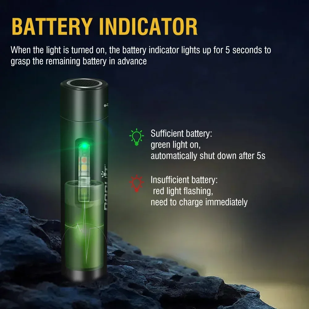BORUiT V5S 500LM UV مصباح ليد جيب رأس دوار نوع-C الشعلة القابلة لإعادة الشحن ضوء العمل مع المغناطيس فانوس التخييم مقاوم للماء