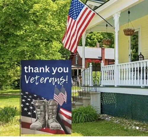 Thank You Military Veterans  Garden Flag 12x18 Two Sided Burlap