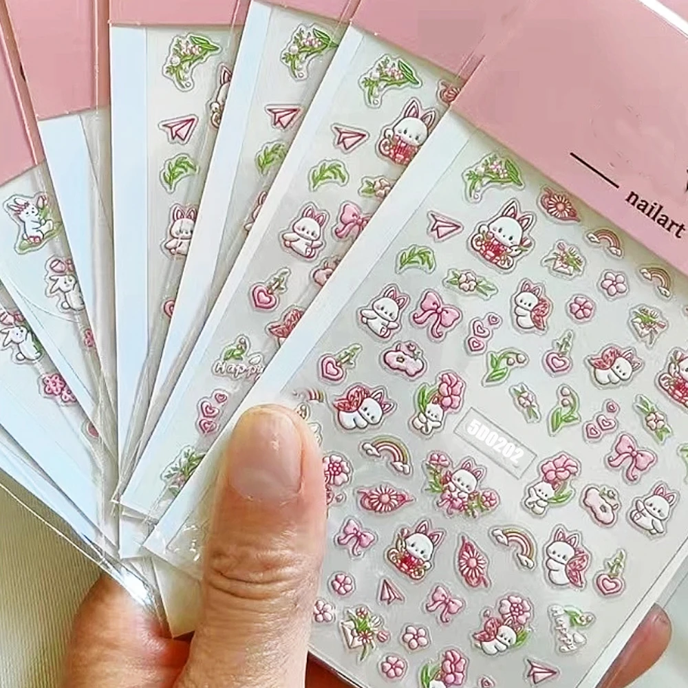 5D Rabbit Bowknot Rainbow Nail Art Stickers Kawaii Pink Cartoon Bunny Heart Flower Grass Embossed Nail Decals Manicure Sliders##