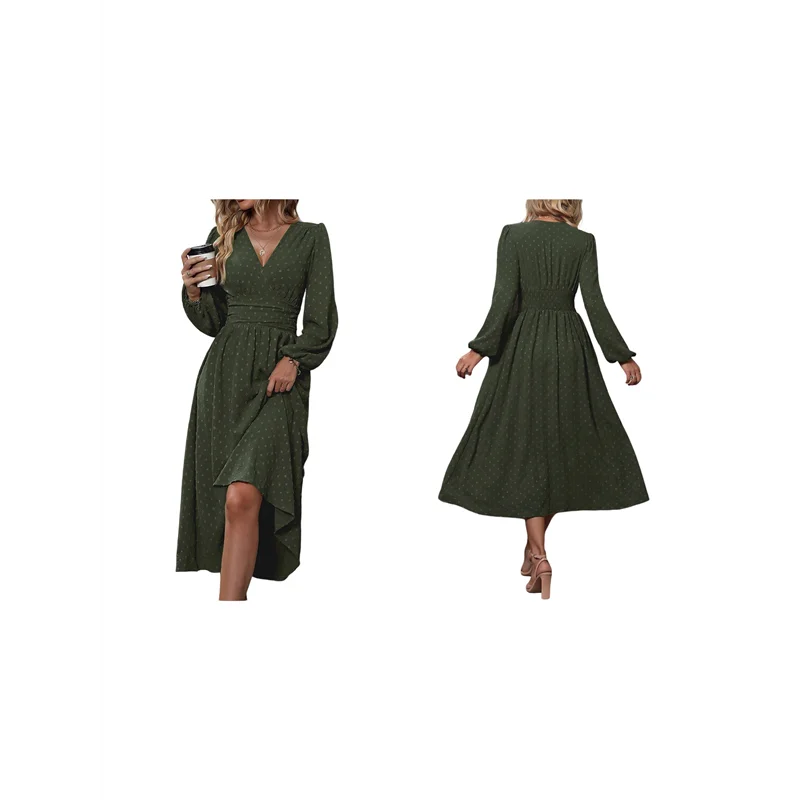 Sukienki maxi damskie na jesień, długi rękaw, dekolt w serek, wzór w kropki, wysoki stan, krój A, falbany, styl boho, długa sukienka na wakacje