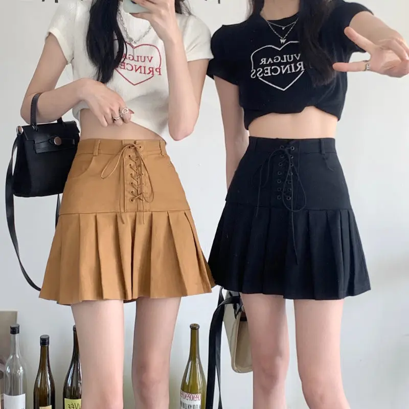 Fashion Solid Color Bandage Pleated Skirts Female Clothing 2025 Summer New Loose Preppy Style Zipper High Waist Mini Skirts