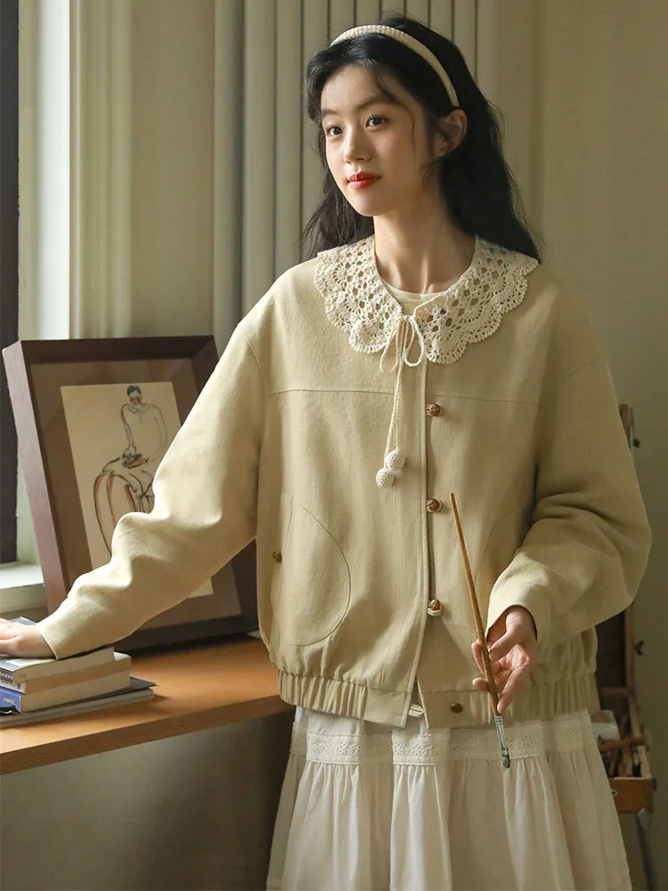 

Nesoulum Yellow Detachable Doll Collar ort Jaet Women's Spring Artistic Retro Loose Cotton Linen Top Commute Sle